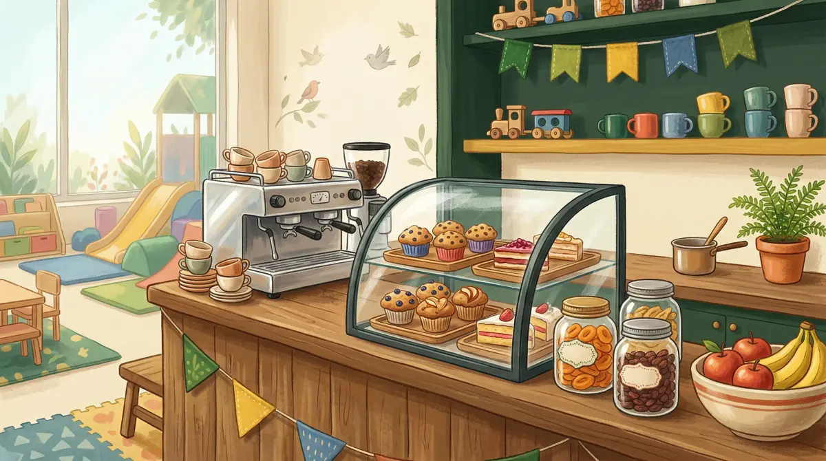 The Little World café counter with pastries, coffee and fresh fruit