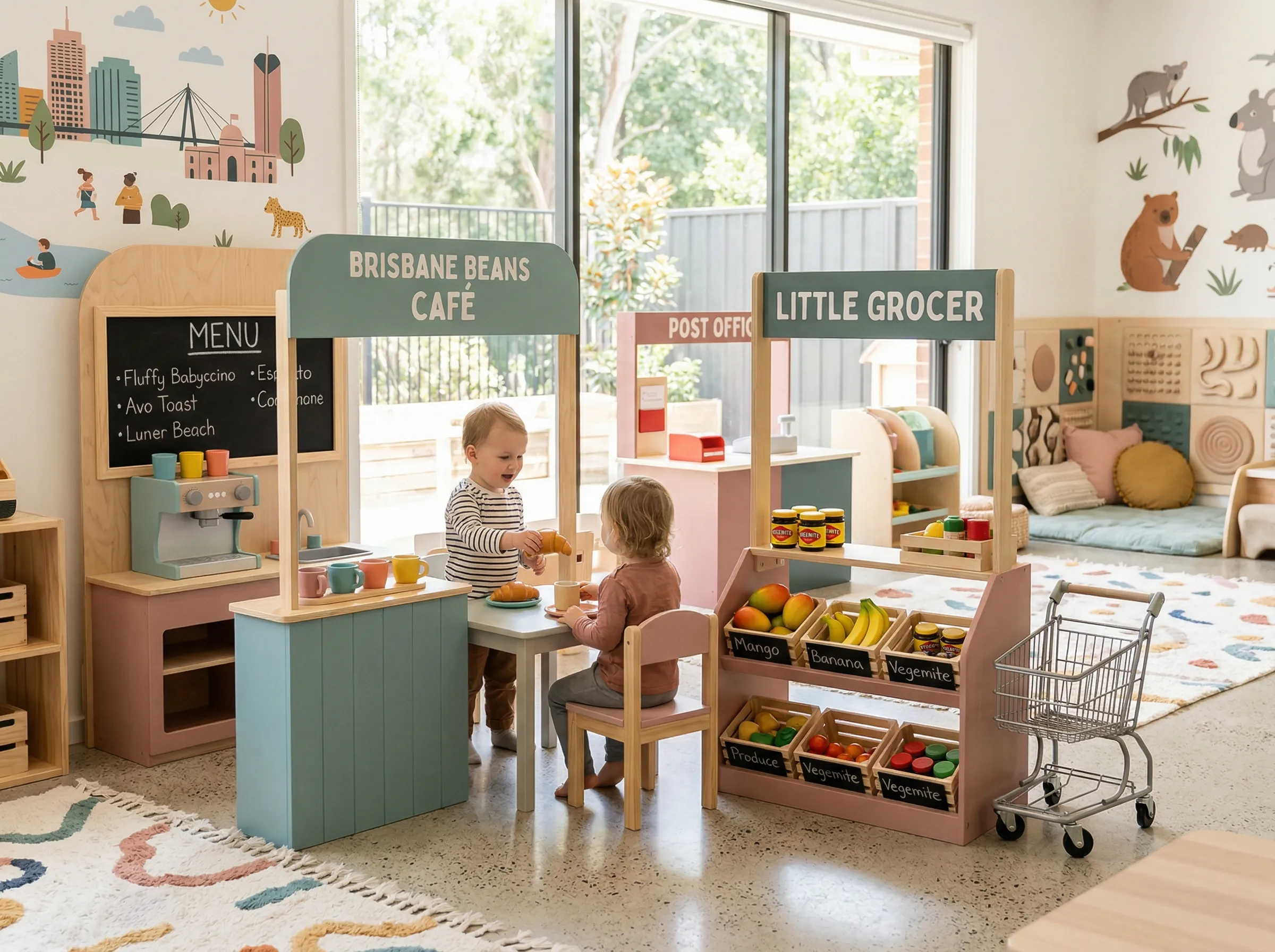 Children playing in Little World themed rooms with a café, grocer, and post office